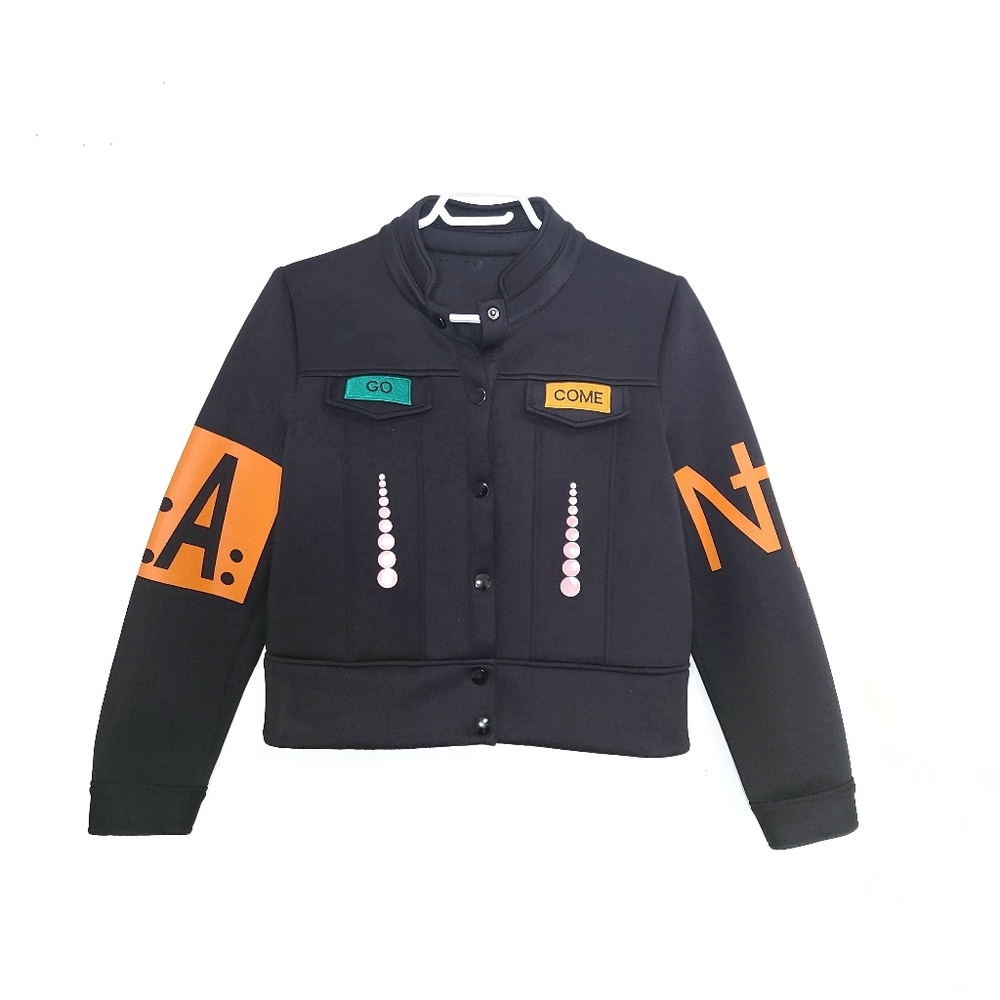 MAX MARTIN Graphic Come Go Black Bomber Jacket size medium